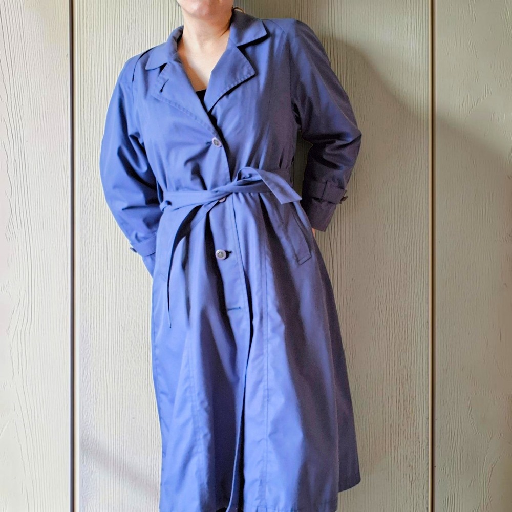 Vintage 80s London Fog Periwinkle Trench Coat Removable Plaid Wool Lining M L